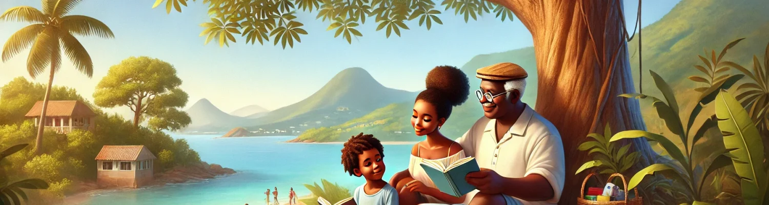 DALL·E 2024-10-29 12.51.01 - A tropical scene with a Black elderly person, a Black teenager, and a Black child sitting together under a large tree near a beach, each person readin